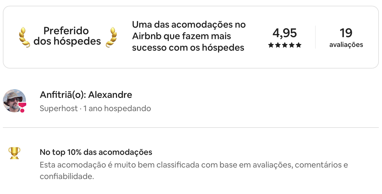 Superhost - Preferido dos hóspedes com 4,95 estrelas e 19 avaliações